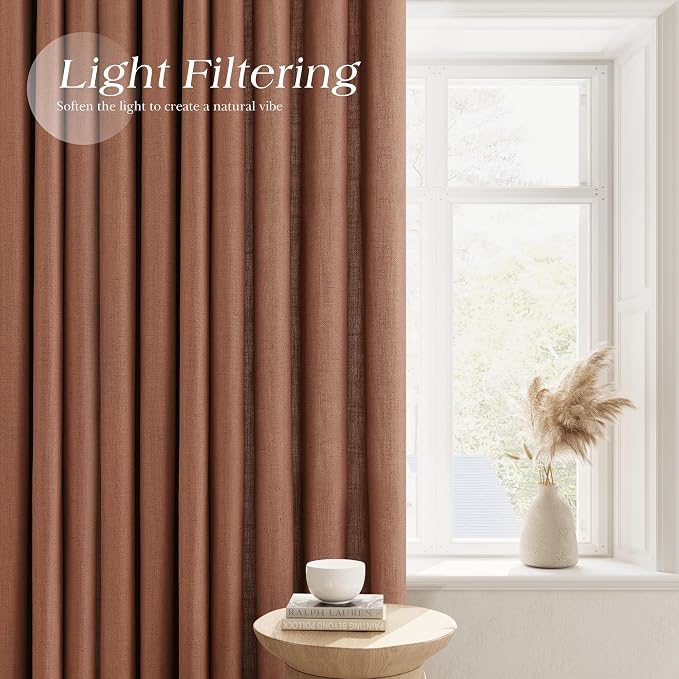 Cappuccino Linen Curtains 102 Inches Length for Living Room Grommet Light Filtering Elegant Lightweight Breathable Extra Long Window Curtain for Bedroom Rustic Farmhouse Sheer Drapes 52x102, 2 Panels