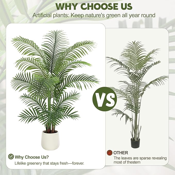 5ft Artificial Palm Tree Tall Faux Palm Tree Indoor Large Fake Plants with 15 Trunks Artificial Plants with White Pot Lifelike Leaves for Home Office Decor Living Rooms Bedrooms