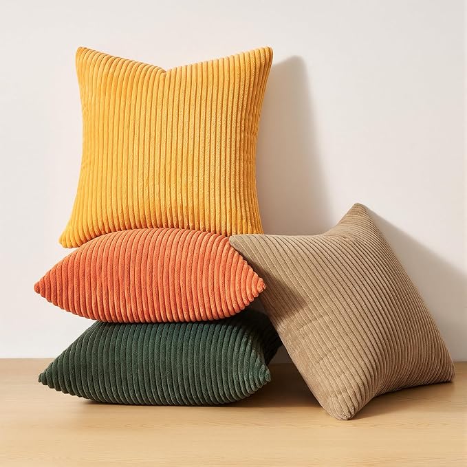 Topfinel Boho Farmhouse Green Rust Striped Pillow Covers 24x24 Set of 4 Mordern Nordic Soft Corduroy Cushion Covers Fall Home Decor for Couch Bed Sofa Living Room Forest Green