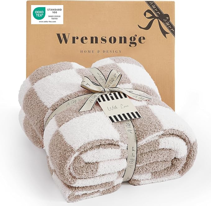 WRENSONGE Soft Checkered Throw Blanket for Couch-Cozy Warm Knitted Blankets | Lightweight Warm Fluffy Decor for Women, Mom, Her & Girls, Sofa, Chair, Bed, 50x70in, Taupe