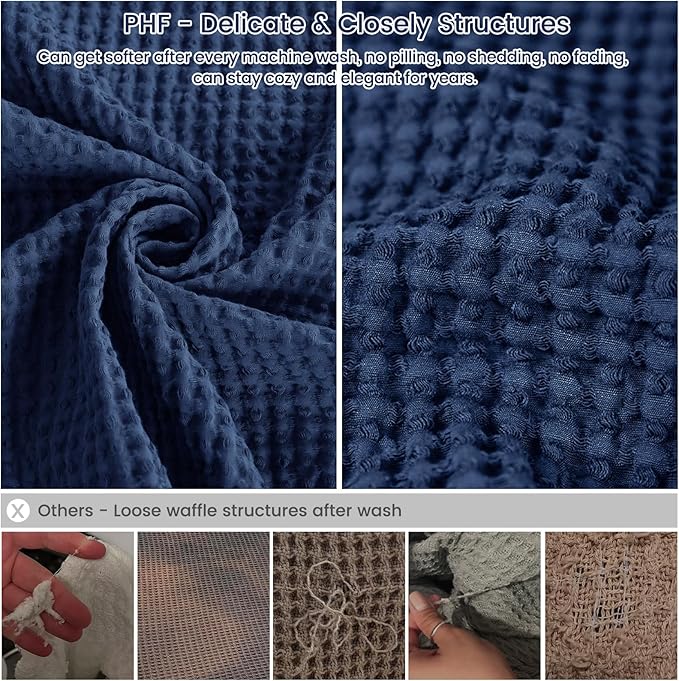 PHF 100% Cotton Waffle Weave Family Blanket Oversized King 120"*120", Pre-Washed Lightweight Breathable, Machine Washable,10'x 10' Huge Extra Large Big, Home Decoration Gift - Navy Blue/Bright Blue