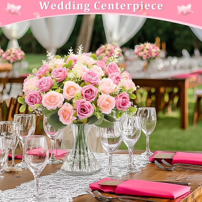 TURNMEON 40 Heads Fake Roses Artificial Flowers for Outdoors Summer Decor, 4 Bouquets UV Resistant Fake Flower Bouquet Faux Silk Roses for Wedding Birthday Party Home Mother's Day Cemetery Decor(Pink)