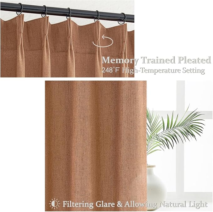 Terracotta Soft Thick Linen Curtains 120 Inches Long for Living Room, Farmhouse Burnt Orange Curtains Light Filtering for Bedroom/Dining Room Western Semi Sheer Pleat Memory Shape Drapes 2 Panels Set