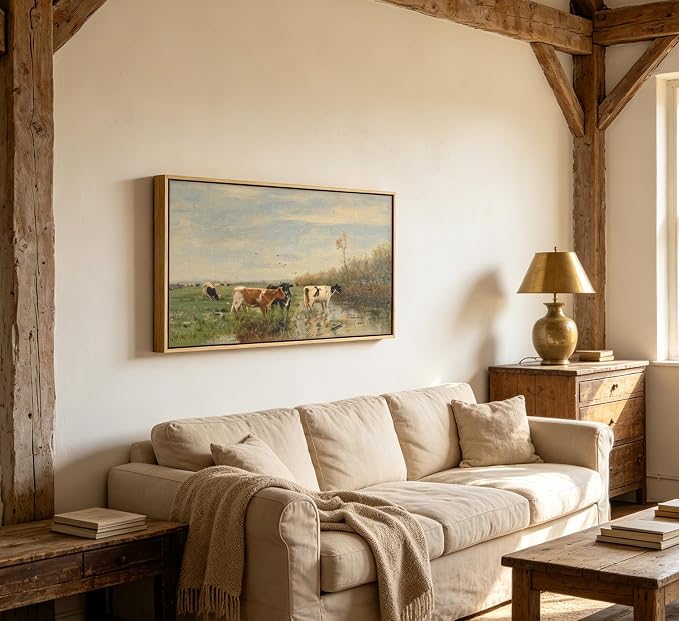 Large Wood Framed Vintage Cows Wall Art,Farm Field Landscape Canvas Print,Valley cattle herd Nature Country Painting,Picture Bedroom Wall Decor Gifts for Friends or Family
