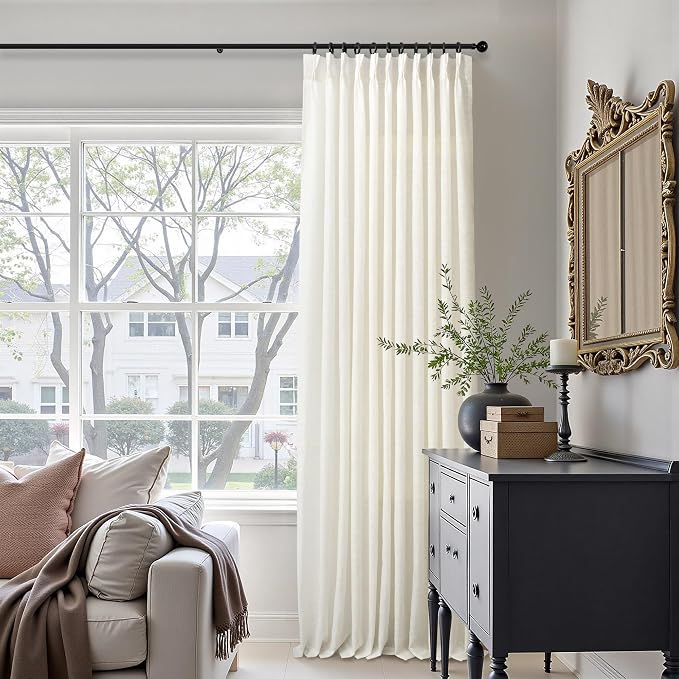 Extra Wide Pinch Pleat Linen Curtains 108 Inches Long 2 Panels for Living Room Sliding Patio Door 70 Inch Wide Boho Semi Sheer Floor to Ceiling Curtain Cream Ivory Pleated Drape 70x108 Large Window