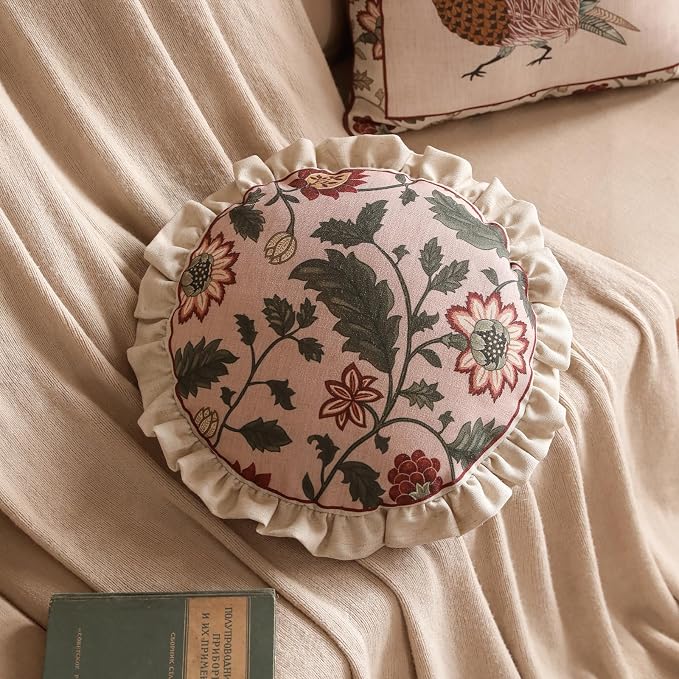 ISAENNE Vintage Linen Throw Pillow Cover,Set of 2,Diameter 16"-Ratina A | Designer Elegant Round Pillow Cover,Concealed Zipper Design,Floral Pattern,Sofa,Bedroom,Living Room,Lounge Chairs