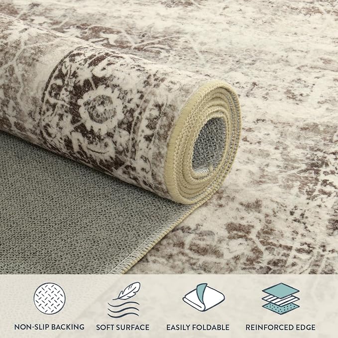 Lahome Margot Washable Rug 6x9 Beige Area Rugs for Living Room,Boho Soft Room Rugs for Bedroom Indoor Carpet,Vintage Non-Slip Low-Pile Accent Rugs Dining Room Office Playroom(6 x 9,Beige)