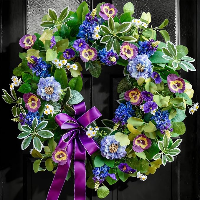 Spring Summer Wreaths for Front Door 24 Inch, Outdoor Summer Wreath with Pansy, Hydrangea & Floral Accents, Spring Wreath for Front Door Outside, Summer Wreaths Front Door for Home Decor