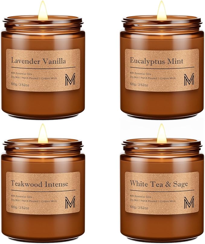 M&SENSE 4 Pack Candle Gift Set, Aromatherapy Candle Gift for for Men and Women, Soy Wax Candles Home Scented, Long Lasting Amber Jar Candles for Birthday Housewarming