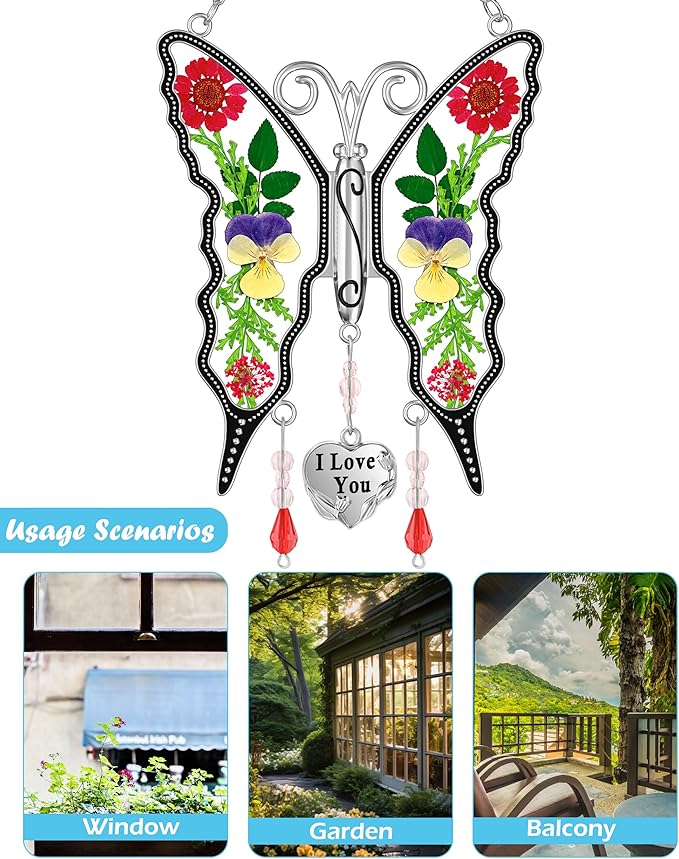 KY&BOSAM Butterfly Suncatcher I Love You Stained Glass Window Hanging Wind Chime Ornament with Pressed Dried Flowers Wings and Metal Heart Charm for Mom Mothers Day Valentines Birthday Christmas