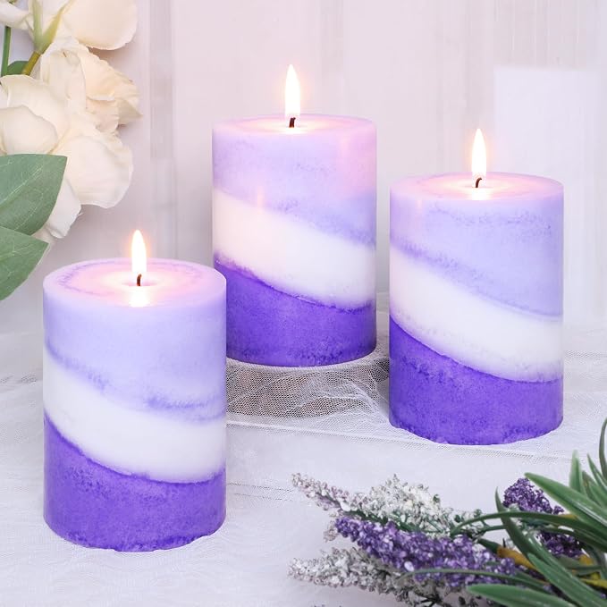 Lavender Scented Pillar Candles, Purple and White Striped, 3x4 Inch, 100% Cotton Core Handmade Paraffin Wax Candles for Bathroom Living Room Home Decor, Set of 3