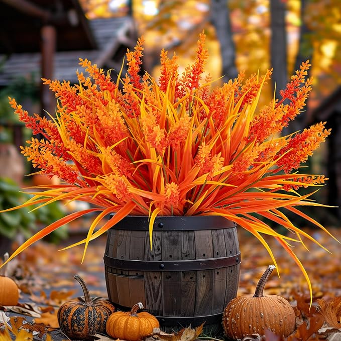 Nigirior Artificial Fall Flowers for Outdoor Plants 24 Bundles Fake Lavender Plastic Faux Monkey Grass for Verandah Window Garden Office Patio Front Porch UV Resistant for Planter(Autumn Red)