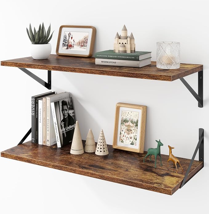 Acovy Deep Floating Shelves Wall Mounted, 30"x12" Brown Wood Shelves with Brackets Set of 2 for Bedroom, Living Room, Bathroom, Kitchen, Office - Storage & Display Shelf for Decor, Books, Plants