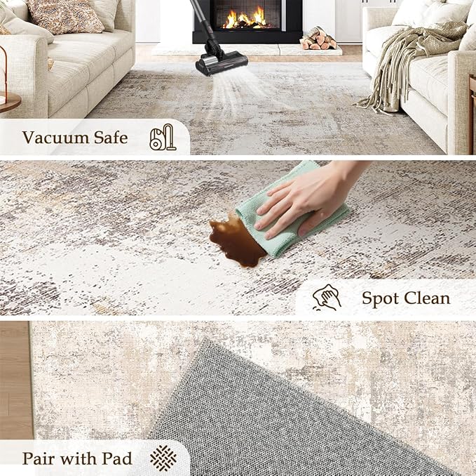8x10 Washable Area Rug Beige Grey Abstract Living Room Bedroom Carpet Neutral Modern Non Slip Medium Pile Thicker Indoor Large Throw Rug for Dining Room Office