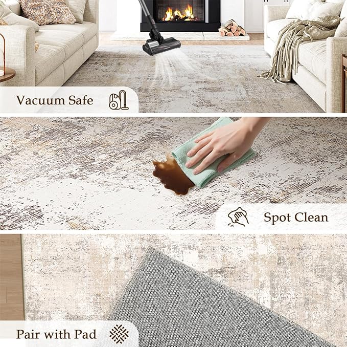 9x12 Area Rug Beige Grey Abstract Living Room Bedroom Carpet Neutral Modern Non Slip Medium Pile Thicker Indoor Large Throw Rug for Dining Room Office