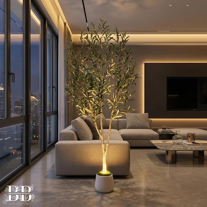 6ft Lifelike Artificial Olive Tree with Light, White Pot, Moss & LED | 943 Vein-Detailed Leaves · 52 Olives · 4ft Wired USB LED with Switch · Moss Included · Shapeable Branches · Zero Maintenance