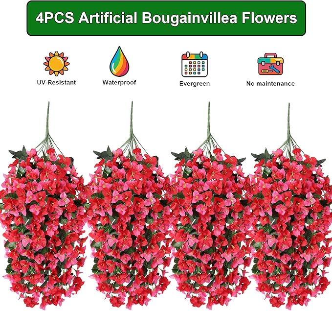 Grunyia 4 Pack Faux Bougainvillea Artificial Flowers, UV Resistant Silk Trailing Vines for Outdoors (Red&Pink)