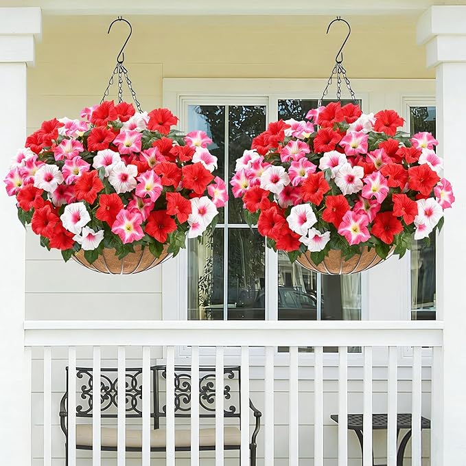 MARTINE MALL Artificial Flowers for Outdoors, 4 Bundles Realistic Fake Outdoor Flowers, UV Resistant Silk Petunia Flower for Outside Look Real Faux Flower Plants for Outdoor Porch, Red Pink White