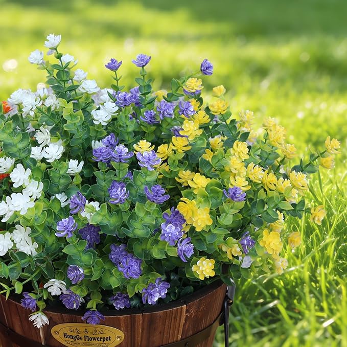 Artificial Flowers Outdoors, 12 Bundles Not-Fading Fake Flowers UV-Anti Faux Plastic Mix-Colored Plants for Indoor & Outdoor Porch Garden Vase Décor (4 Colors)