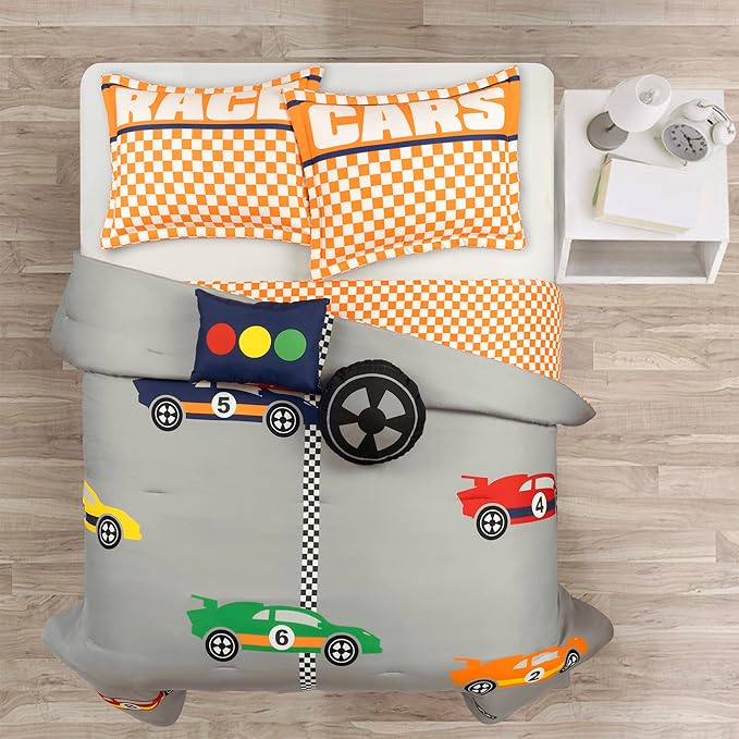 Lush Decor Racing Cars Reversible Comforter Queen Size 5 Piece Set Full/Queen Gray & Orange - Kids Bedding Set Queen Comforter - Car Decor