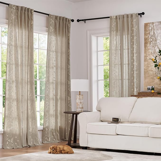 jinchan Winslow Linen Curtains for Bedroom 96 Inches Length Embroidered Bordered Floral Curtains for Living Room Farmhouse Decor Light Filtering Window Treatments Ivory on Taupe Drapes 2 Panels