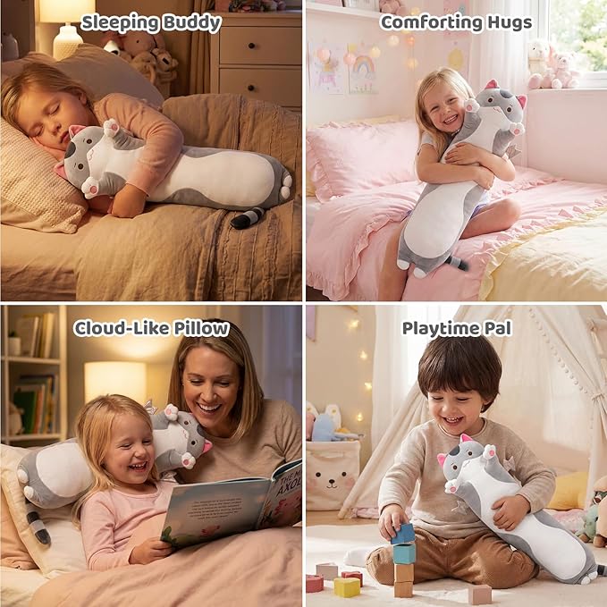 Mewaii 20” Long Cat Plush 5 Sizes, 120% Extra Filling Giant Plushness Kids Body Pillow, Kawaii Cute Grey Cat Stuffed Animals Plushies, Big Long Body Pillow Cat Plush Gift for Girls 20”