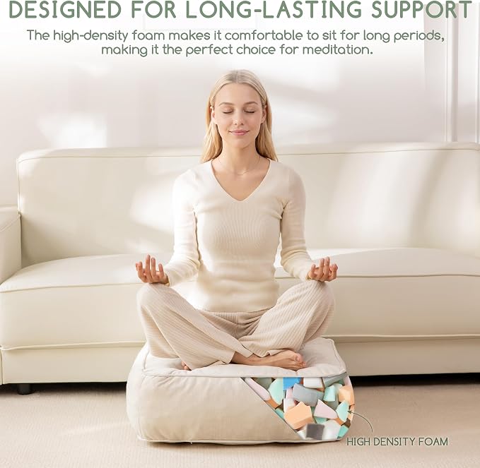 HIGOGOGO 6" Extra Thick Floor Pillow Cushion for Adults, Meditation Cushion Pillow with Handle, Lustrous Chenille Tufted, Square Floor Sitting for Tatami Living Room or Yoga, 22x22 Inch, 2Pack, Beige