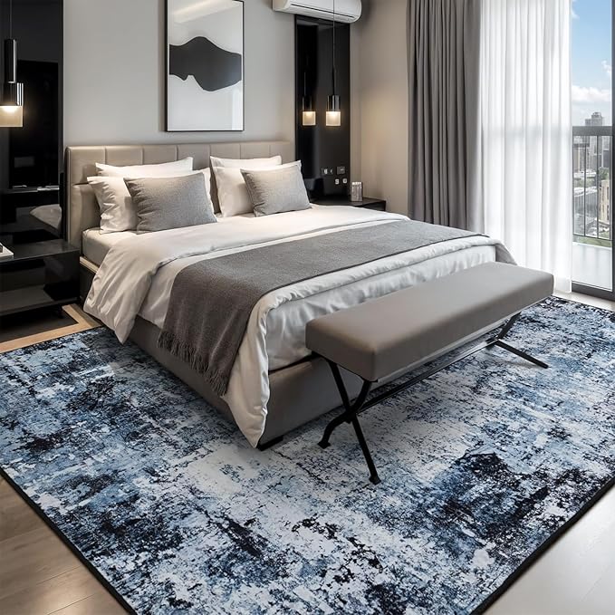 Rugflix 10x12 Area Rugs for Living Room, Washable Large Rug Stain-Resistant Low Pile, Modern Dark Carpet for Dining Room Home Office Kid Room Nursery Bedroom, Navy Blue/Black