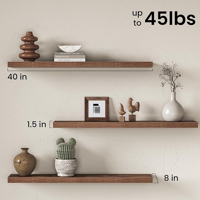 40" Floating Shelves for Wall, Set of 2, 8" Deep, 1.5" Thick, Brown | Rustic Wood Wall Shelves with Invisible Brackets, Storage and Display for Bathroom, Bedroom, Living Room or Kitchen