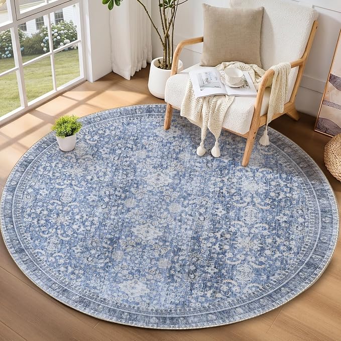 Sasttie Round Rugs 6ft, Ultra-Soft Washable Circle Rug, Low Pile Foldable Thin Carpets with Non-Slip Backing, Skin-Friendly Stain Resistant Carpet for Living Room, Bedroom, Kitchen, Dorm, 6ft, Blue