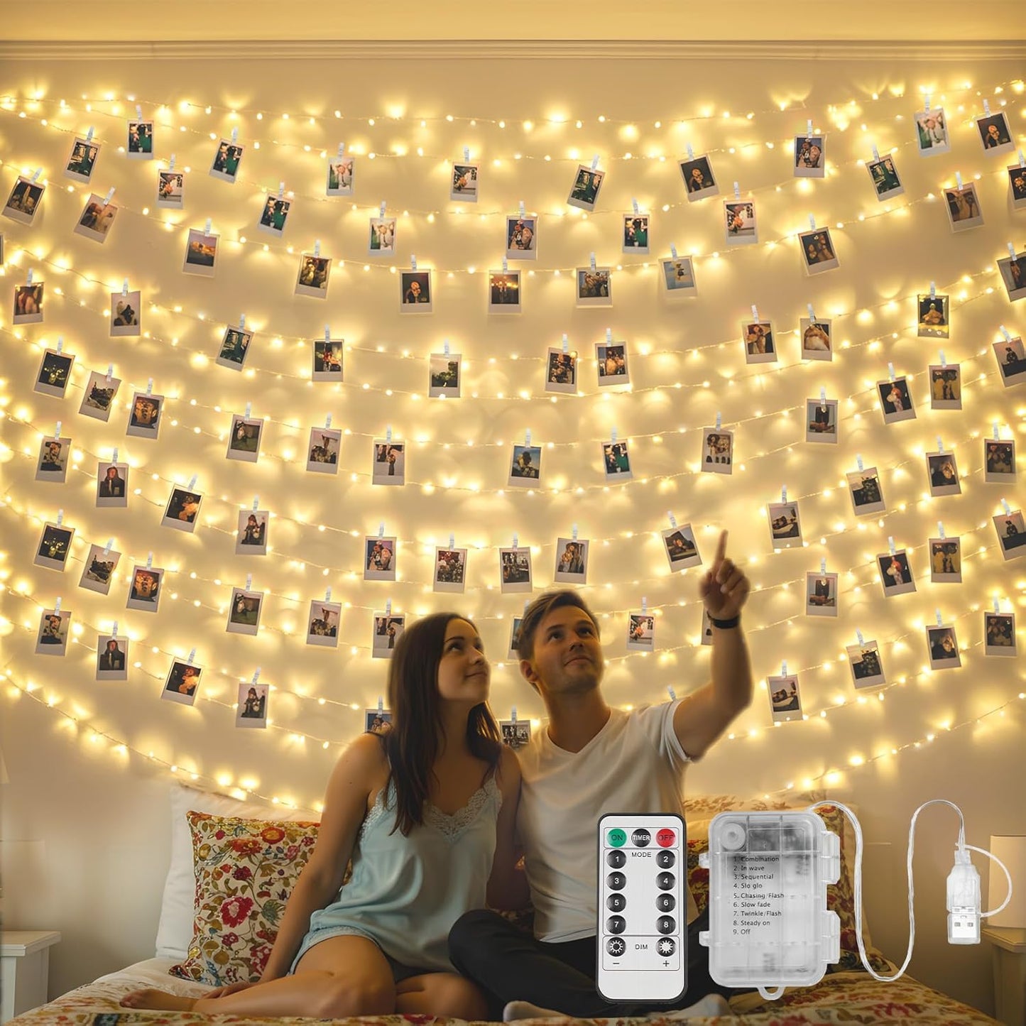 suddus 33ft 100 LED Fairy Lights with Clips for Pictures, Photo Lights with Remote USB Powered & Battery Operated with 45 Clear Clips, String Lights for Party, Bedroom, Decoration, Warm White