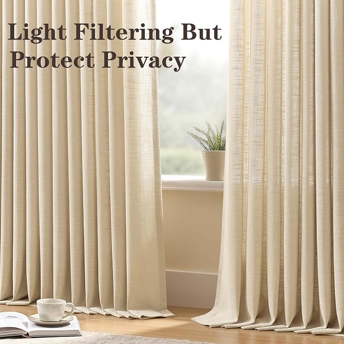 Extra Wide Pinch Pleated Linen Curtains for Living Room Sliding Glass Door, Sand Beige Light Filtering Curtain 84 Inches Long Textured Thick Pleat Semi-Sheer Drapes with Hooks 70 Inch Width, 1 Panel