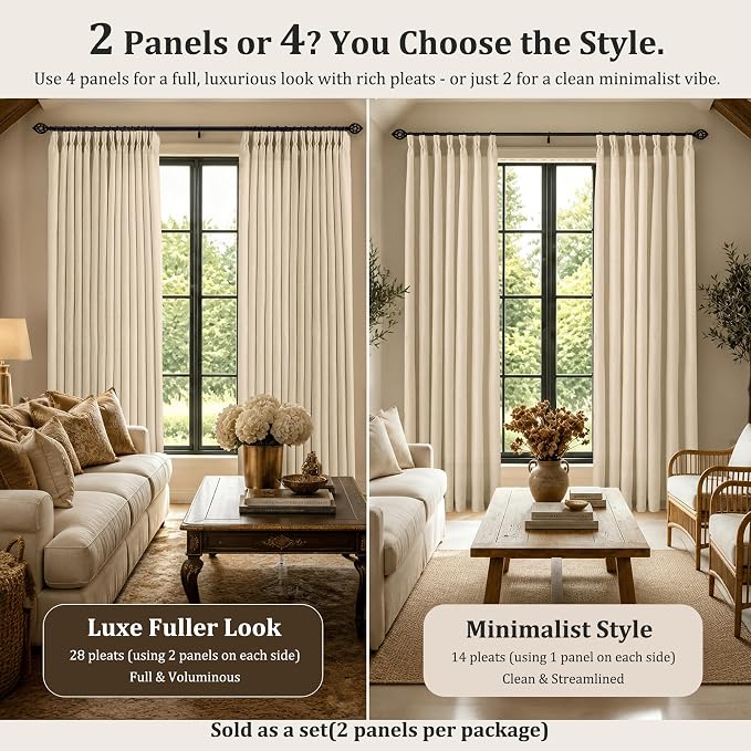Pinch Pleated Linen Curtains 102 Inch, 2 Panels Premium 400GSM Memory Trained Semi Sheer Light Filtering Window Drapes for Living Room Bedroom Dining, Back Tab & Adjustable Hooks Rings, Light Oatmeal