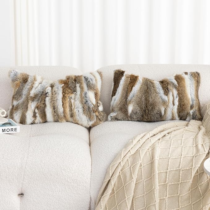 Genuine Rabbit Fur Pillow Covers Set of 2,Luxury Decorative Throw Pillowcases Fluffy Animal Skin Accents Bolster Cushion Cover for Couch Sofa Bedroom Living Room Home,12x20inch,Yellow