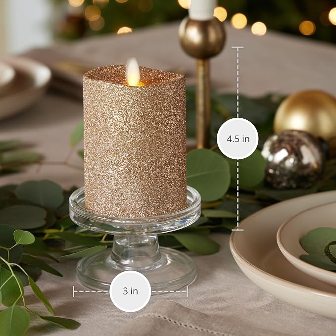 Luminara Realistic LED Moving Flame Pillar Candle, Gold Metallic Glitter, 3" x 4.5" Inch, Battery Operated w/Remote, Indoor Outdoor, Timer Function
