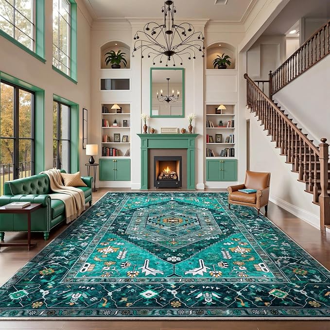 SERISSA Washable Rugs 9x12 Area Rugs, Large Non-Slip Boho Living Room Teal Rug, Ultra Soft Vintage Print Distressed Oriental Tribal Farmhouse Carpet for Dining Room Bedroom Dorm Office Home Decor