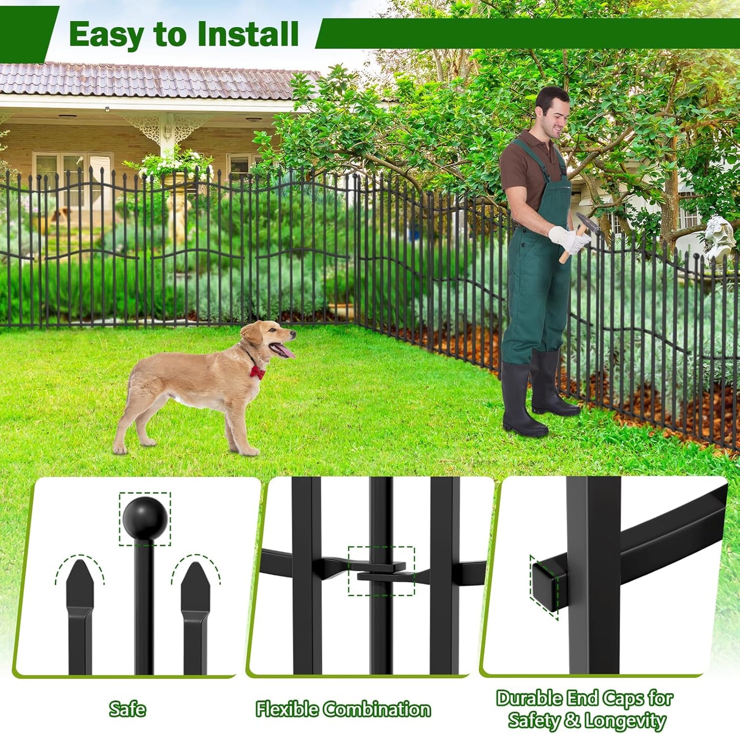 8 Panels No Dig Decorative Garden Fence with Gate - 40in H x 18ft L, Tall Heavy-Duty Square Tube Animal Barrier, Rustproof Dog Fence for Outdoor Yard & Patio Protection
