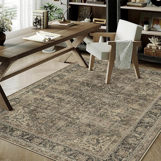 4x5 Washable Area Rug Brown Vintage Non Slip Soft Low Pile Rug for Entryway Kitchen Bathroom Distressed Oriental Throw Carpet for Living Room Bedroom Home Decor