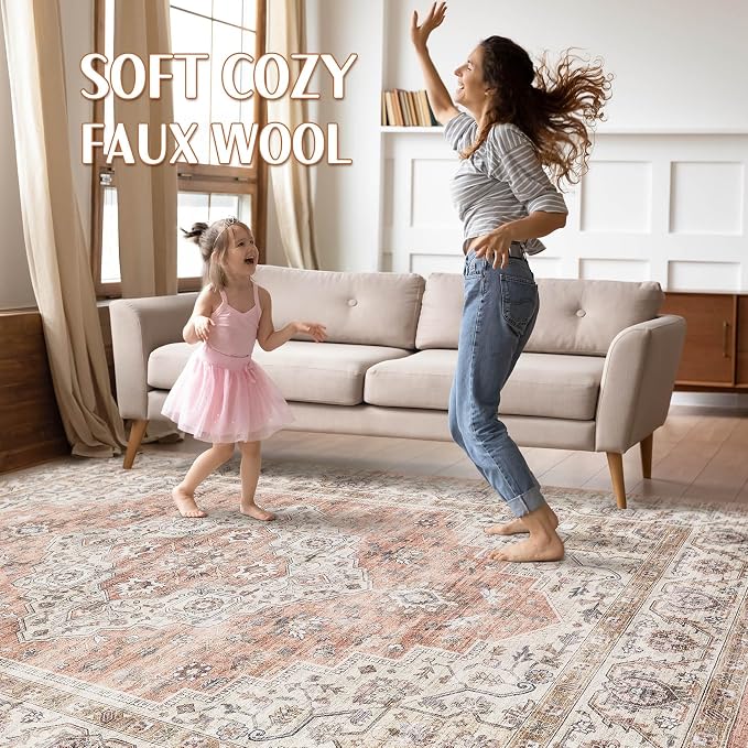 8x10 Area Rugs Living Room: Washable Boho Large Neutral Vintage Soft Rug Stain Resistant Farmhouse Non-Slip Indoor Floor Retro Carpet for Bedroom Nursery Kids Office Dining Room- Pink Brown