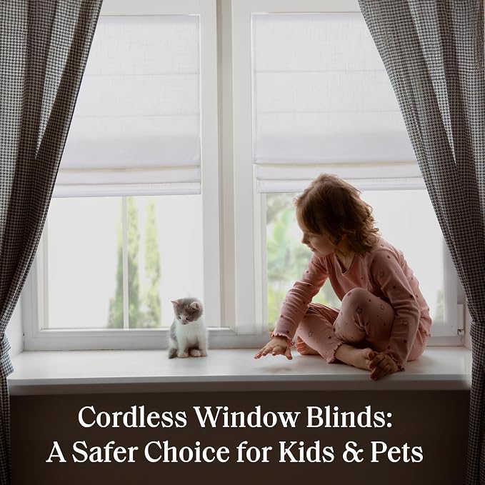 Madison Park Kyler Cordless Roman Shades - Single Panel, Lightweight Linen Blend Fabric, Natural Design, Easy Installation, Light Filtering Window Blind, Bedroom, Living Room Decor 34"W x 64"H White