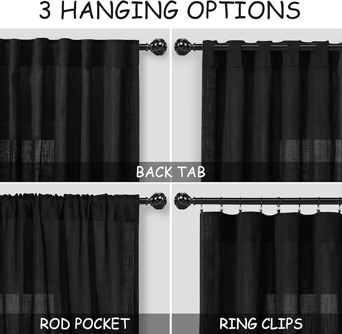 Nanspring Black Extra Long Curtain 130 inches Long 2 Panels Set for Living Room Back Tab Modern Farmhouse Coastal Decor Cotton Textured Black Sheer Linen Curtains for High Window 52x130