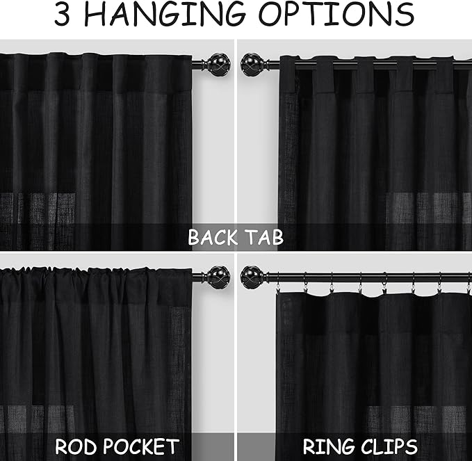 Nanspring Black Extra Long Curtain 130 inches Long 2 Panels Set for Living Room Back Tab Modern Farmhouse Coastal Decor Cotton Textured Black Sheer Linen Curtains for High Window 52x130