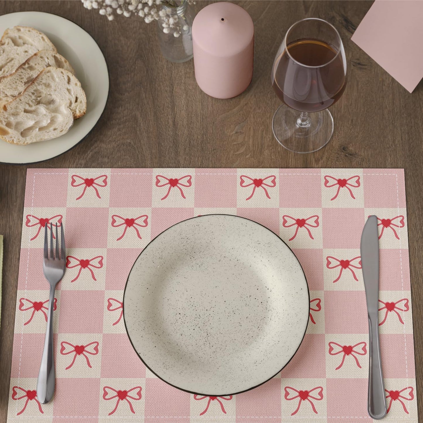 Pink Bow Placemats Set of 4, Table Mat for Home Kitchen, Restaurants, Outdoor Linen Washable Place Mats 12x18 inch Party Event Dining Decoration-03