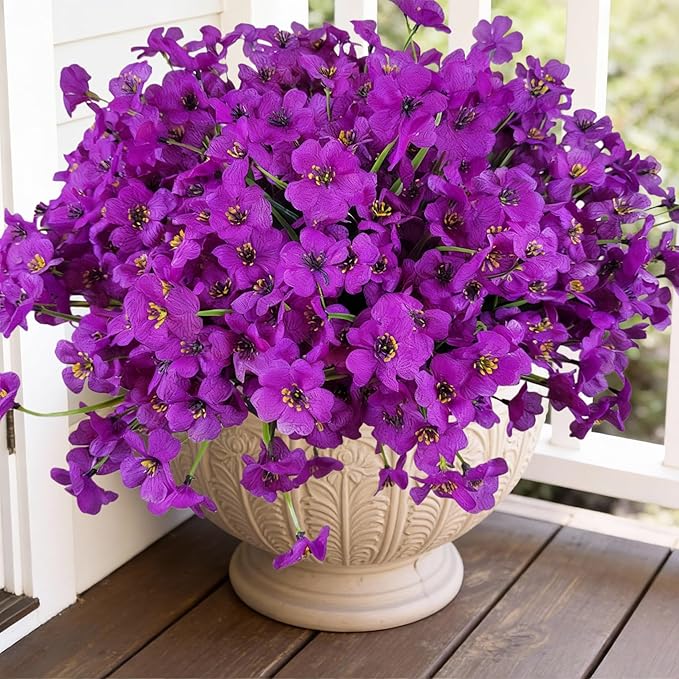Geegoods Artificial Mums Flowers for Outdoors, 16 Bundles UV Resistant Fake Plastic Purple Flowers for Patio Porch Spring Summer Decor