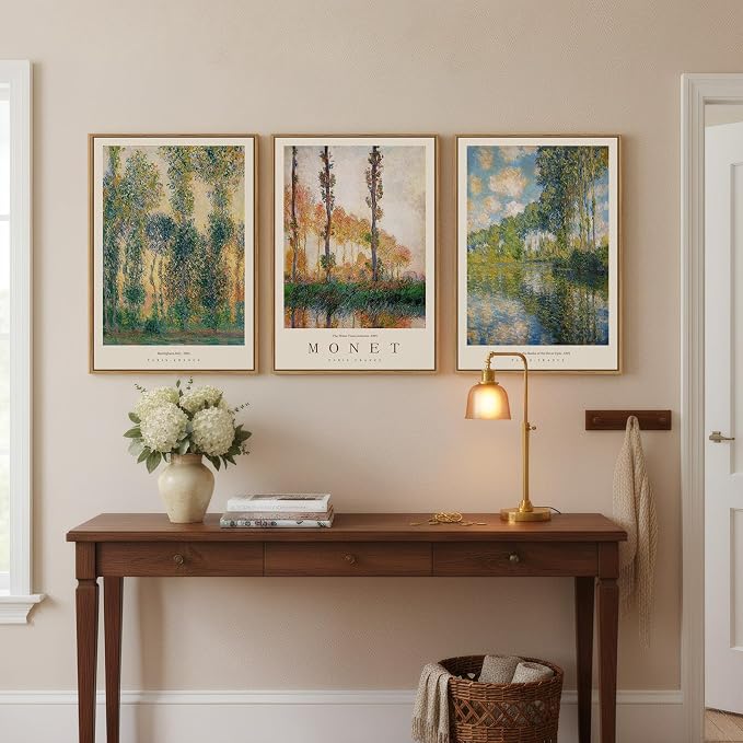 Large Framed Claude Monet Landscape Wall Art for Living Room, 3 Piece Impressionist Vintage Nature Prints Paintings, Green Tree Canvas Pictures Artwork Decor for Bedroom Entryway 16x24 Inch