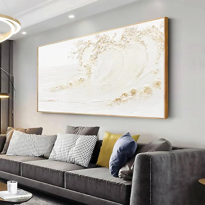 Canvas Wall Art Decor Bedroom Hand Painted White Wave With Golden Embellishments Pictures Decoration Artwork Wall Art Large Modern Painting Pictures For Living Room Home Kitchen Office 29"x58" Inch With Framed