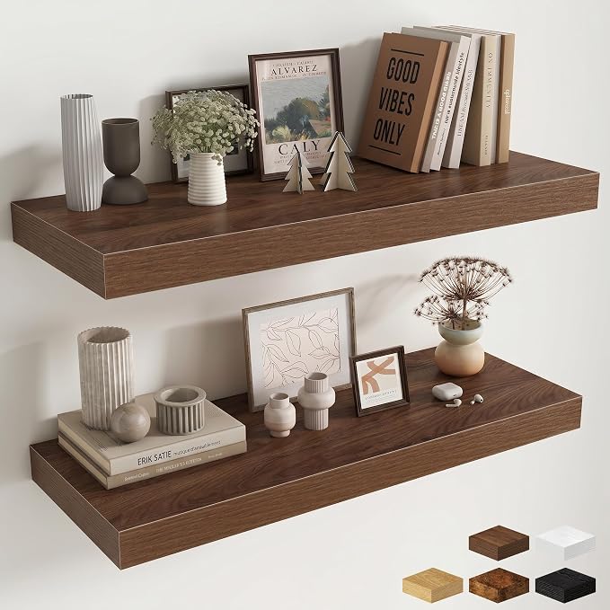 Fun Memories 32 x 12 Floating Shelves Wall-Mounted - Rustic Wood Shelf - 12 Inch Deep Floating Shelves for Wall - Large Storage Shelf for Bathroom - Kitchen & Bedroom - Walnut - Set of 2