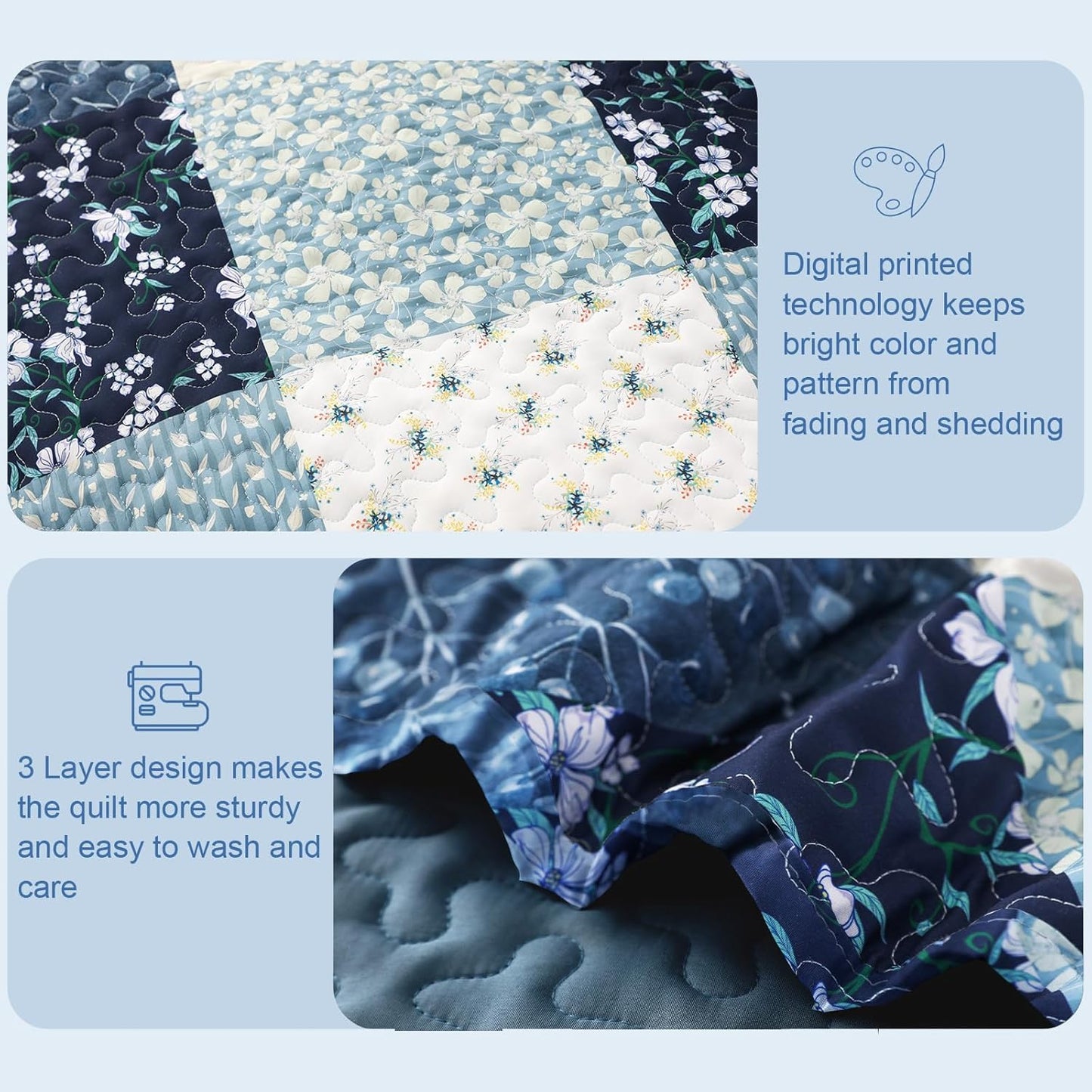 Exclusivo Mezcla Reversible Boho Quilt Set King Size, 3 Pieces Patchwork Blue All Season Bedspreads, Ultra Soft Floral Coverlet Bedding Set with Printed Pattern (1 Quilt, 2 Pillow Shams)