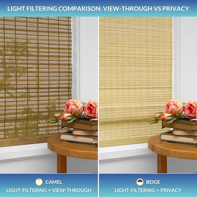No Drill No Tools Bamboo Roman Shades, Cordless Light Filtering Window Blinds with Valance, Natural Woven Wood Shades for Living Room Dining Room, Privacy Beige, 31.5" W x 48" H