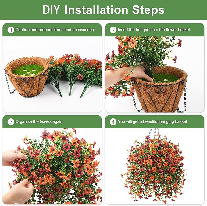 Artificial Faux Hanging Flowers Plants Basket for Outdoor Outside Spring Summer Decoration,Fake Silk Daisy in Planter Realistic UV Resistant for Home Porch Balcony Patio Yard Decor（Orange Brown)